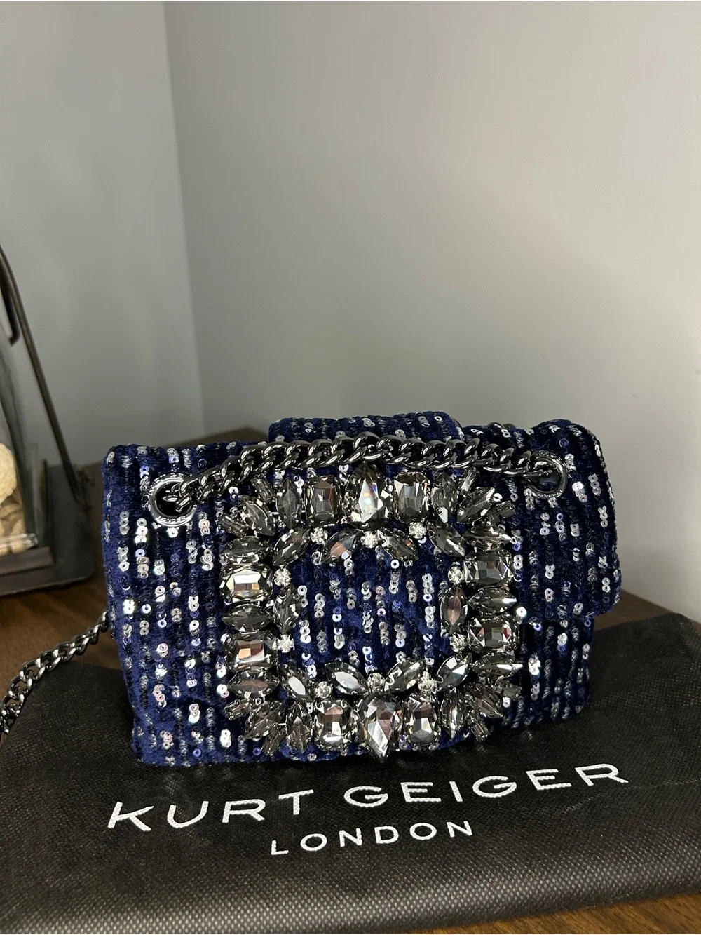 Kurt Geiger London Mini Mayfair Navy Sequin Crystal Embellished Crossbody NWT